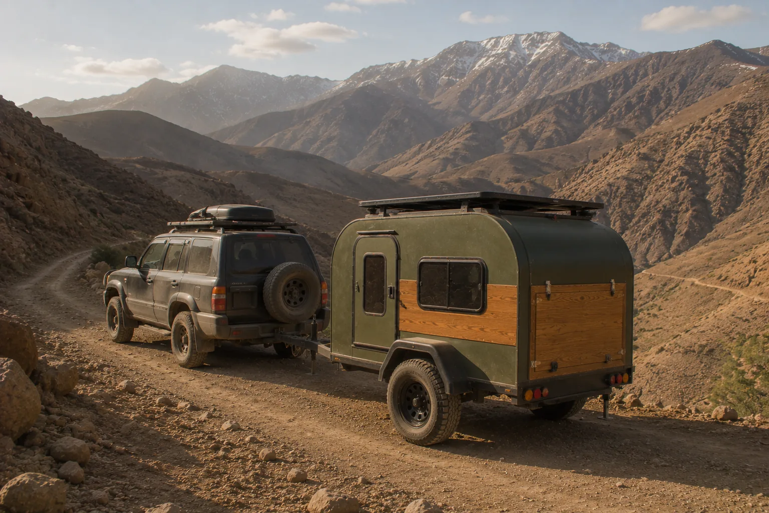 Caravane teardrop Atlas Teardrop — détail roues tout-terrain, fabriquée à Agadir, Maroc