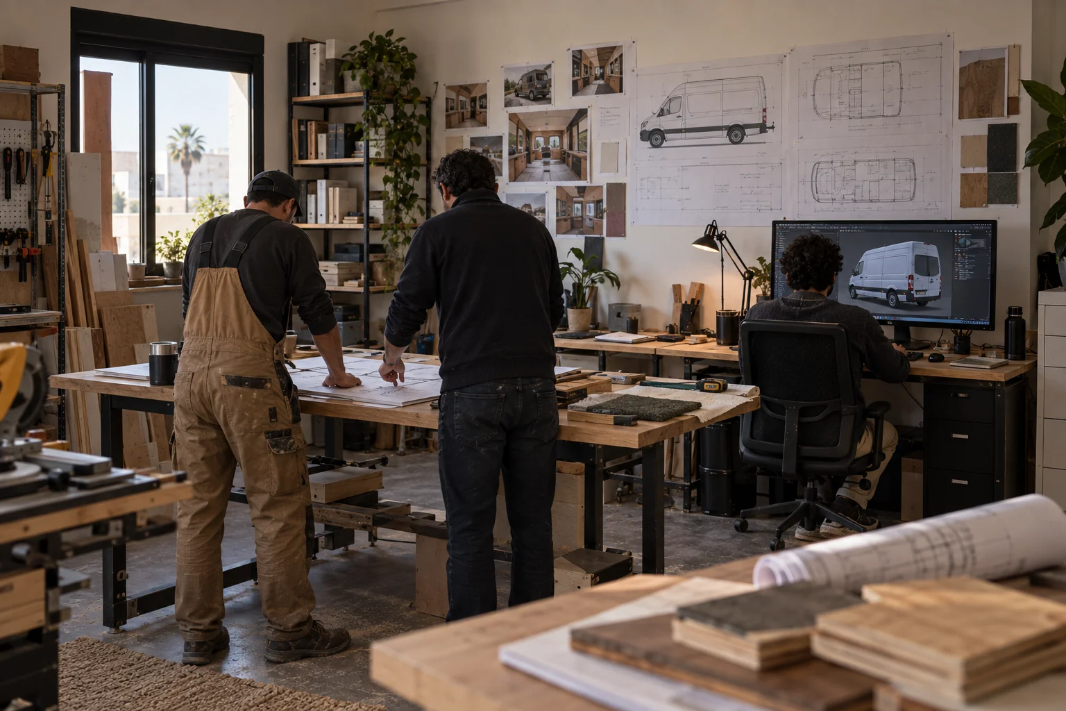 L'équipe Atlas Teardrop autour d'un plan d'aménagement dans l'atelier d'Agadir