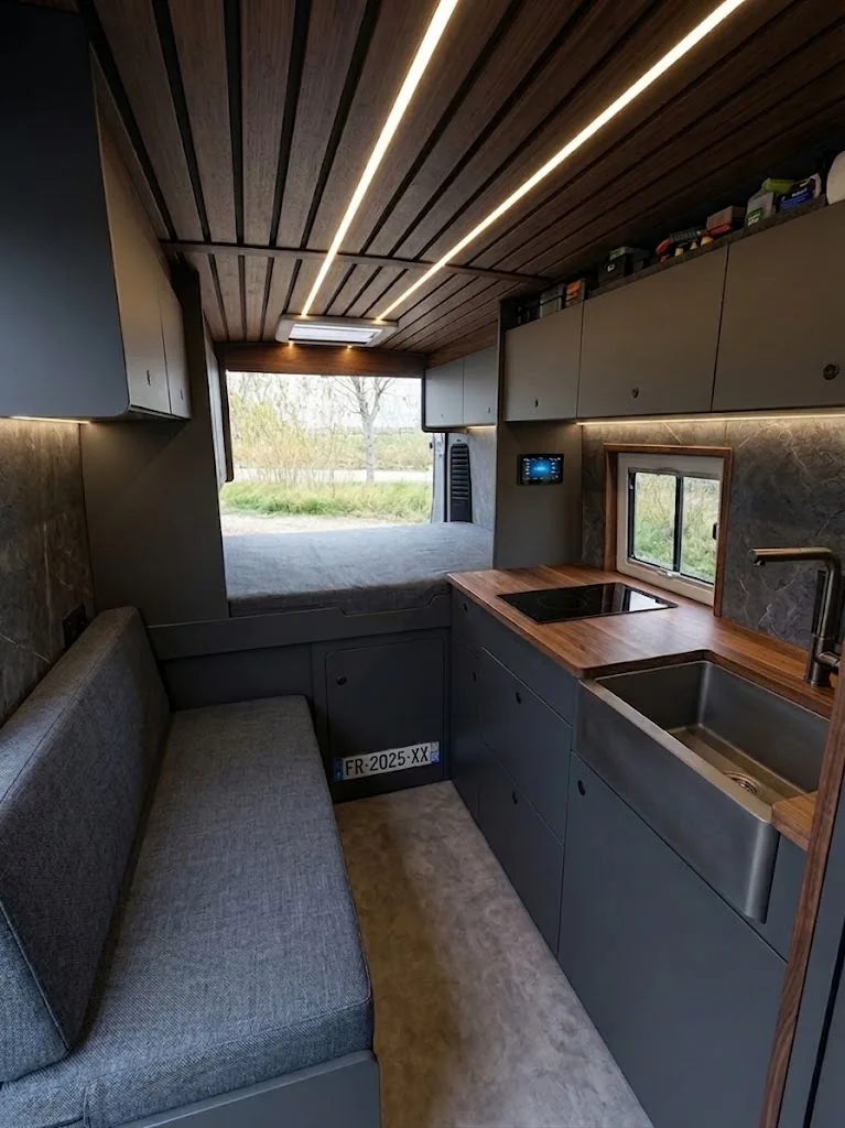 Rendu 3D d'un intérieur de van aménagé style contemporain avec bois foncé, cuisine intégrée, banquette et éclairage LED linéaire