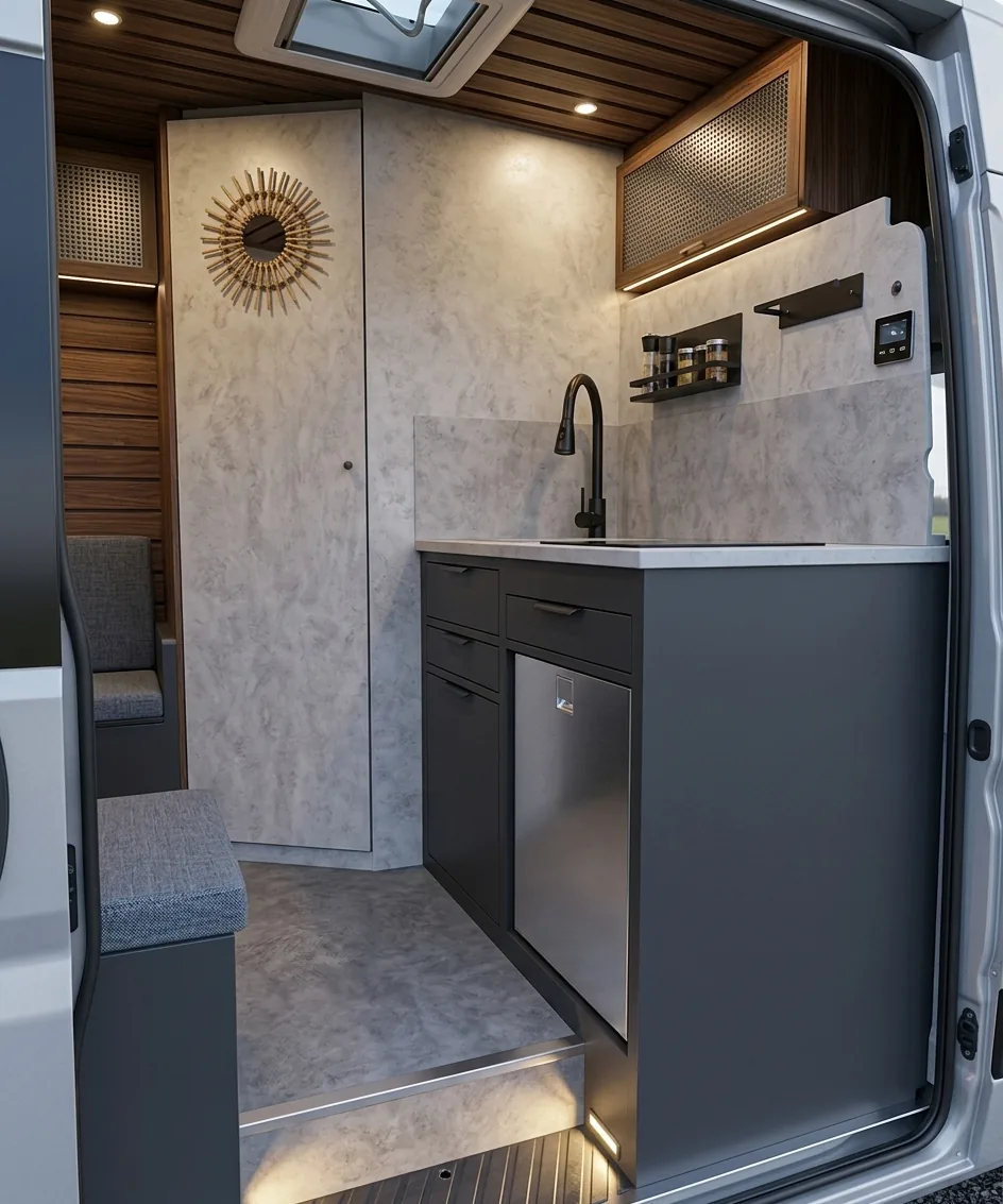 Rendu 3D d'une kitchenette de van aménagé avec plans en effet marbre, meubles gris anthracite et éléments bois noyer